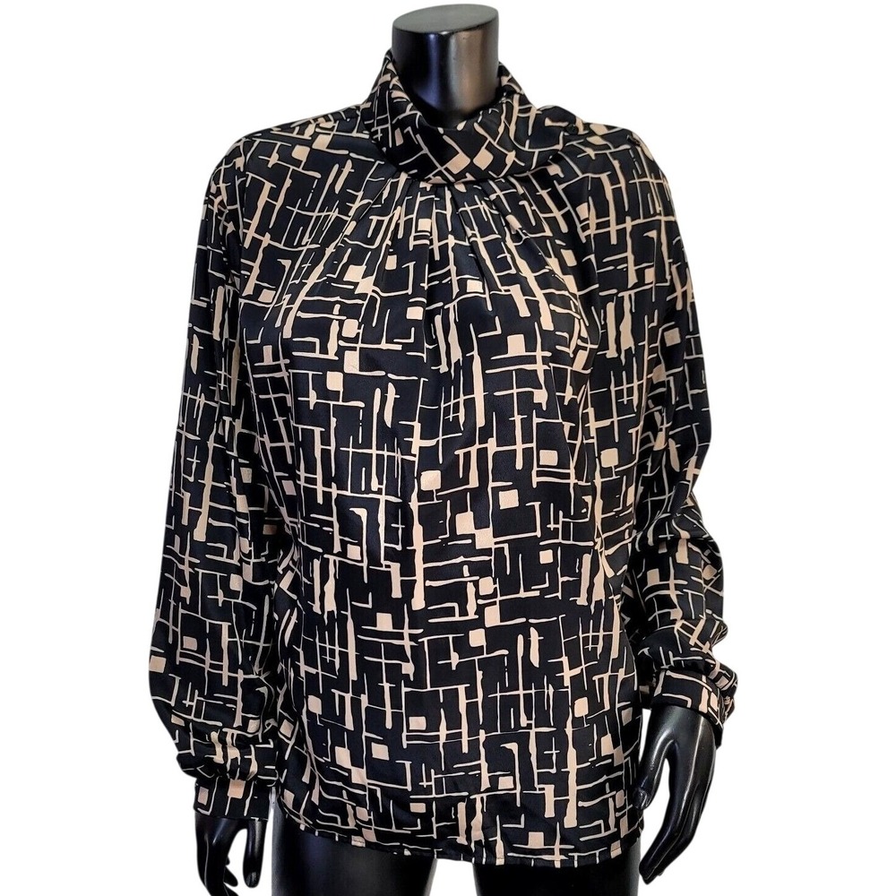 VTG Lucia Womens High Neck Geometric Grid Print Blouse Black Tan Long Sleeve Top
